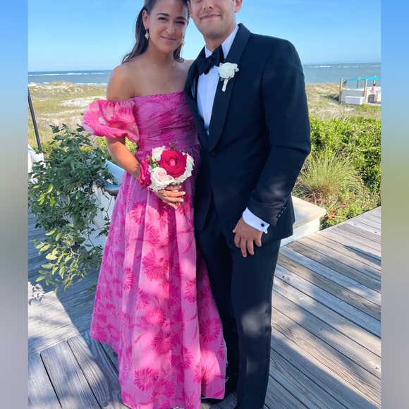 ML Monique Lhullier Pink Organza Jacquard Off-The-Shoulder Gown - Picture 4 of 5